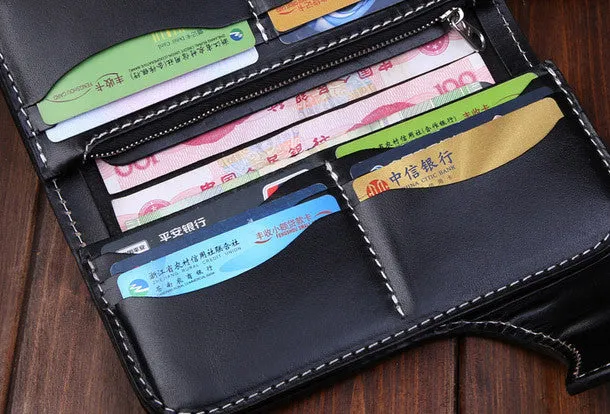Handmade leather Long $biker trucker wallet leather chain men snake skin black wallet