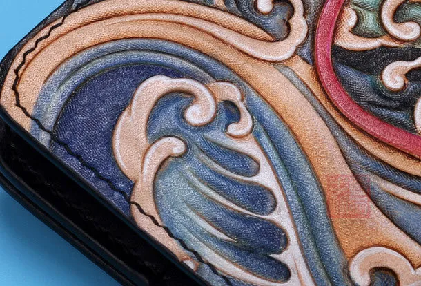 Handmade leather Long biker trucker wild Animal wallet leather chain men Black Carved Tooled wallet