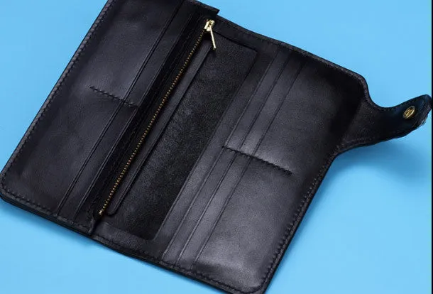 Handmade leather Long biker trucker wild Animal wallet leather chain men Black Carved Tooled wallet
