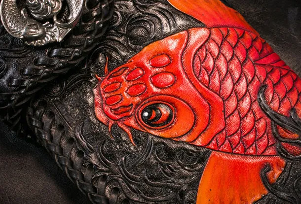 Handmade Leather Long Black Biker Wallet Trucker Wallet Leather Chain Men Red Carp Tooled Wallet