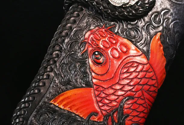Handmade Leather Long Black Biker Wallet Trucker Wallet Leather Chain Men Red Carp Tooled Wallet