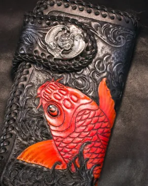 Handmade Leather Long Black Biker Wallet Trucker Wallet Leather Chain Men Red Carp Tooled Wallet