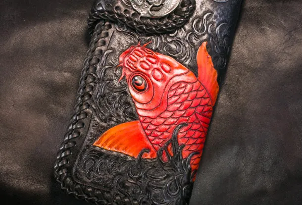 Handmade Leather Long Black Biker Wallet Trucker Wallet Leather Chain Men Red Carp Tooled Wallet