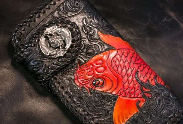 Handmade Leather Long Black Biker Wallet Trucker Wallet Leather Chain Men Red Carp Tooled Wallet