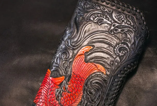 Handmade Leather Long Black Biker Wallet Trucker Wallet Leather Chain Men Red Carp Tooled Wallet