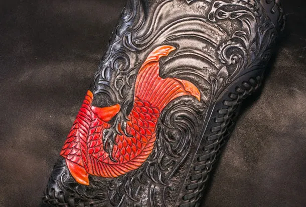 Handmade Leather Long Black Biker Wallet Trucker Wallet Leather Chain Men Red Carp Tooled Wallet