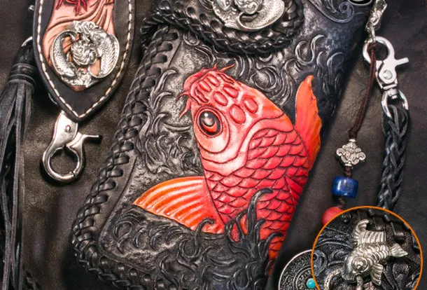 Handmade Leather Long Black Biker Wallet Trucker Wallet Leather Chain Men Red Carp Tooled Wallet