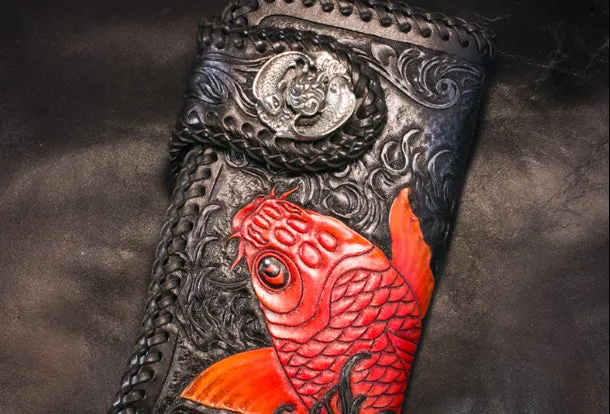 Handmade Leather Long Black Biker Wallet Trucker Wallet Leather Chain Men Red Carp Tooled Wallet
