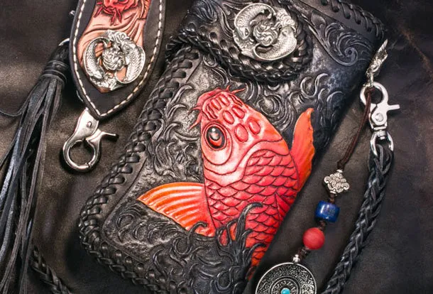 Handmade Leather Long Black Biker Wallet Trucker Wallet Leather Chain Men Red Carp Tooled Wallet