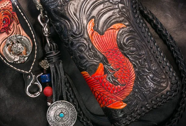Handmade Leather Long Black Biker Wallet Trucker Wallet Leather Chain Men Red Carp Tooled Wallet