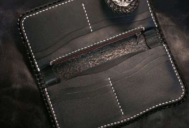 Handmade Leather Long Black Biker Wallet Trucker Wallet Leather Chain Men Red Carp Tooled Wallet