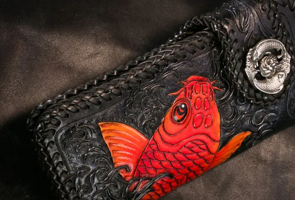 Handmade Leather Long Black Biker Wallet Trucker Wallet Leather Chain Men Red Carp Tooled Wallet