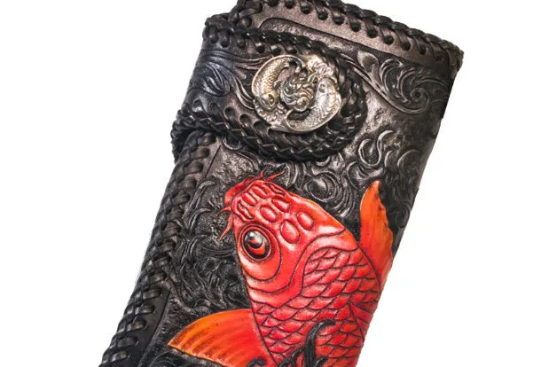 Handmade Leather Long Black Biker Wallet Trucker Wallet Leather Chain Men Red Carp Tooled Wallet