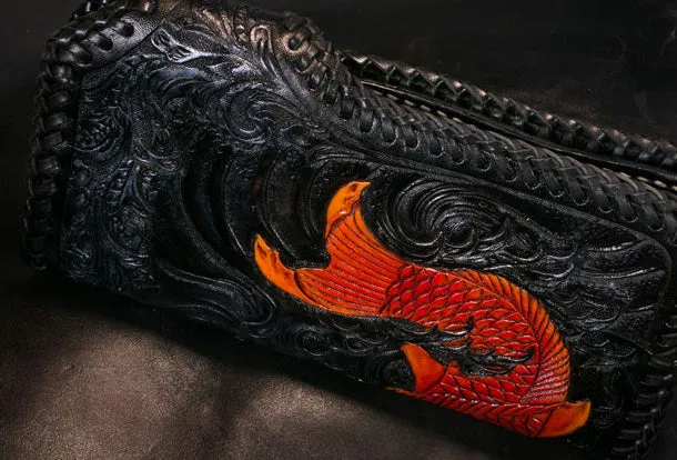 Handmade Leather Long Black Biker Wallet Trucker Wallet Leather Chain Men Red Carp Tooled Wallet