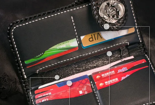 Handmade Leather Long Black Biker Wallet Trucker Wallet Leather Chain Men Red Carp Tooled Wallet