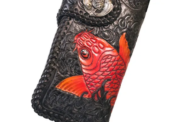 Handmade Leather Long Black Biker Wallet Trucker Wallet Leather Chain Men Red Carp Tooled Wallet