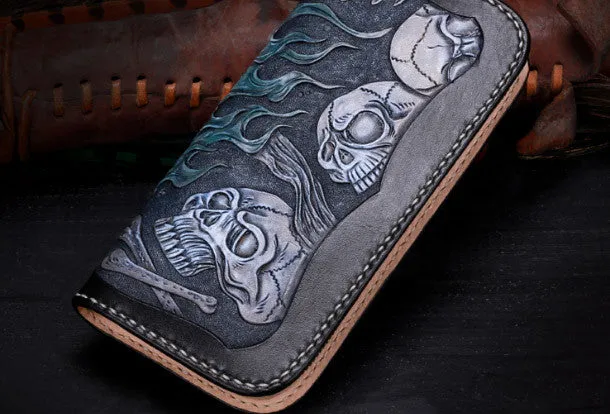 Handmade leather Long black skull wallet leather zipper Men clutch Tooled wallet