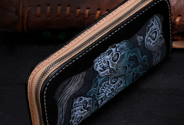 Handmade leather Long black skull wallet leather zipper Men clutch Tooled wallet
