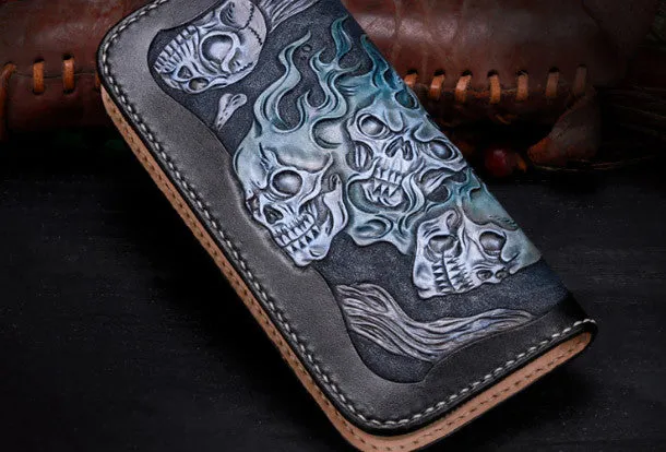 Handmade leather Long black skull wallet leather zipper Men clutch Tooled wallet