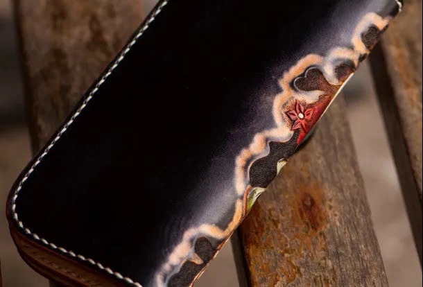 Handmade leather long tooled wallet black Thor men Carved Tooled wallet