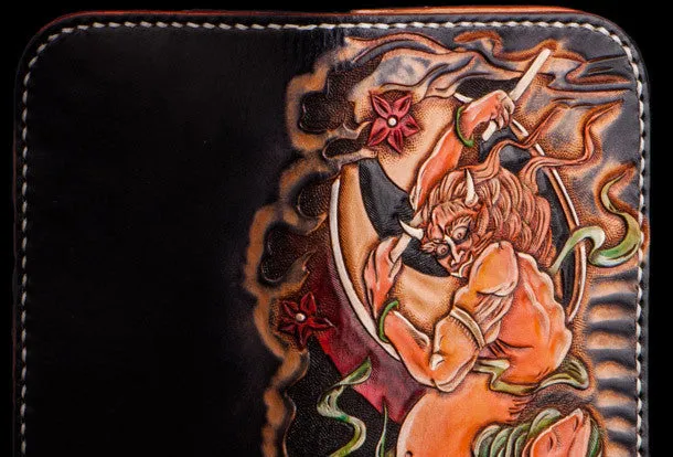Handmade leather long tooled wallet black Thor men Carved Tooled wallet