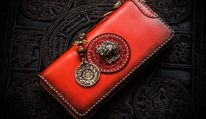 Handmade Leather Mah??k??la Mens Chain Biker Wallet Cool Leather Wallet Long Clutch Wallets for Men