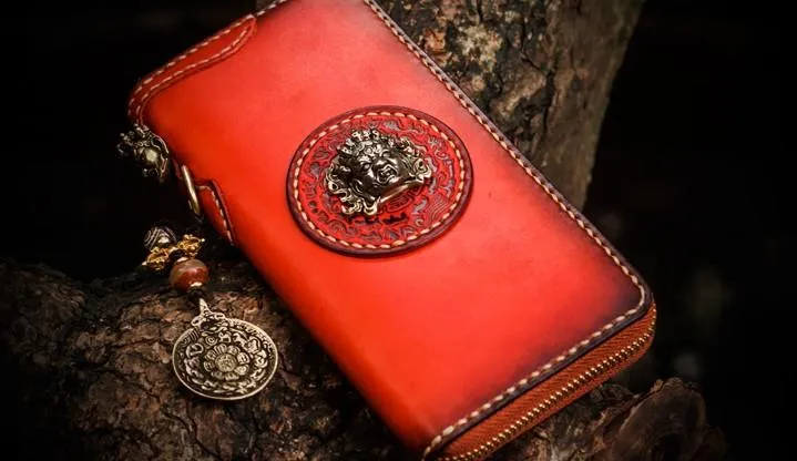 Handmade Leather Mah??k??la Mens Chain Biker Wallet Cool Leather Wallet Long Clutch Wallets for Men