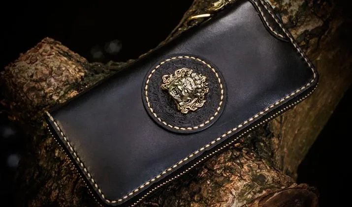 Handmade Leather Mah??k??la Mens Chain Biker Wallet Cool Leather Wallet Long Clutch Wallets for Men