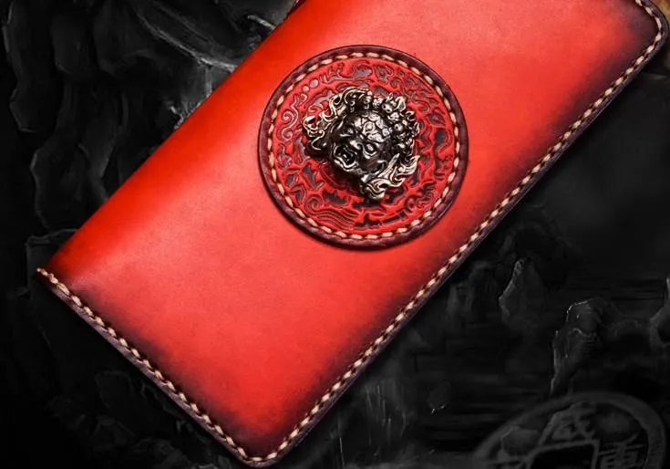 Handmade Leather Mah??k??la Mens Chain Biker Wallet Cool Leather Wallet Long Clutch Wallets for Men