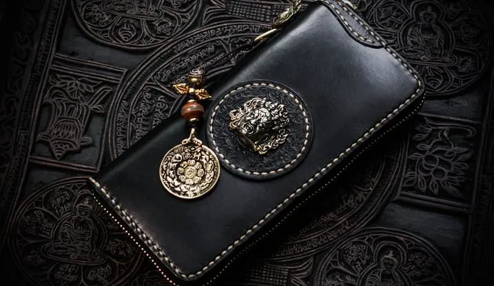 Handmade Leather Mah??k??la Mens Chain Biker Wallet Cool Leather Wallet Long Clutch Wallets for Men