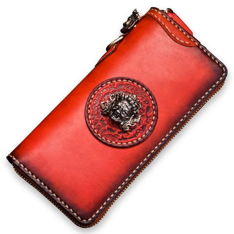 Handmade Leather Mah??k??la Mens Chain Biker Wallet Cool Leather Wallet Long Clutch Wallets for Men