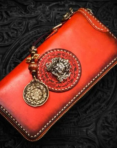 Handmade Leather Mah??k??la Mens Chain Biker Wallet Cool Leather Wallet Long Clutch Wallets for Men