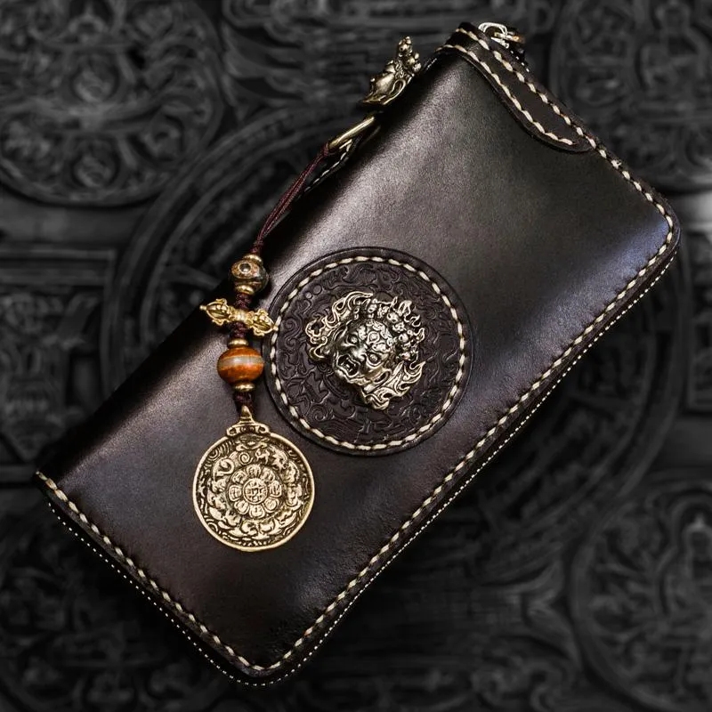 Handmade Leather Mah??k??la Mens Chain Biker Wallet Cool Leather Wallet Long Clutch Wallets for Men
