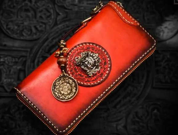 Handmade Leather Mah??k??la Mens Chain Biker Wallet Cool Leather Wallet Long Clutch Wallets for Men