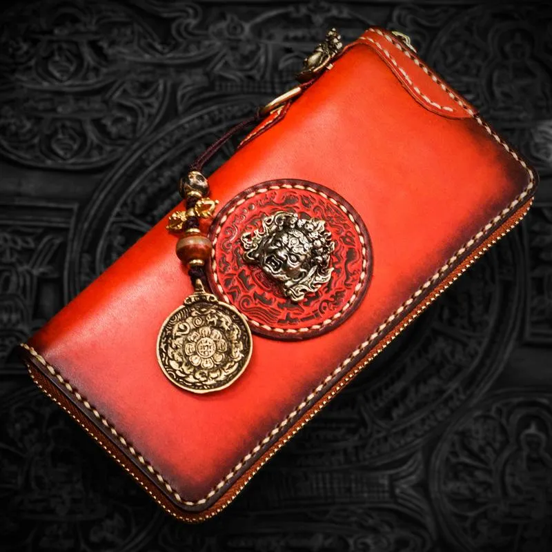 Handmade Leather Mah??k??la Mens Chain Biker Wallet Cool Leather Wallet Long Clutch Wallets for Men