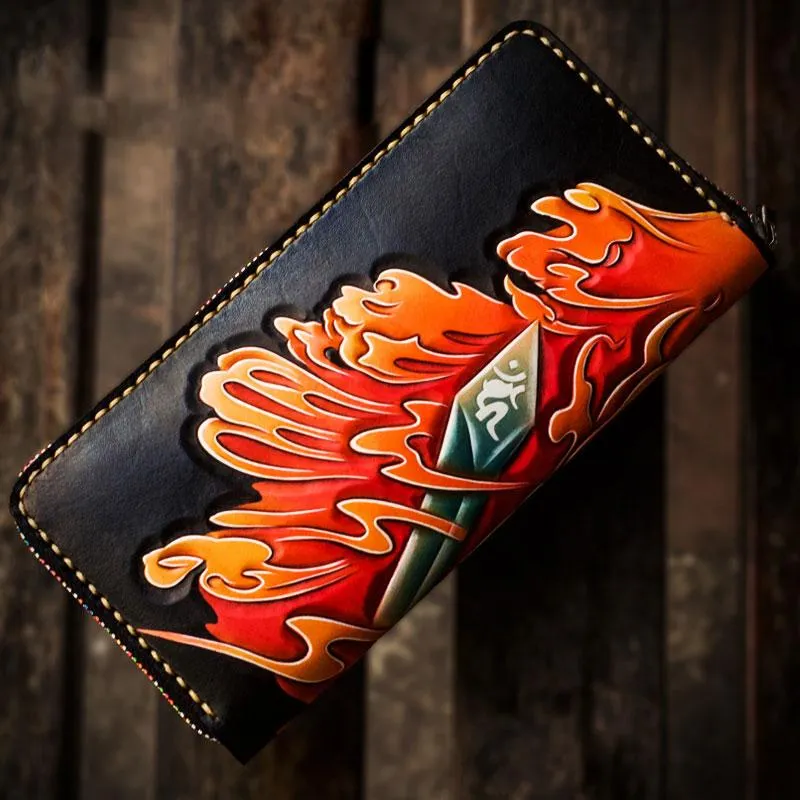 Handmade Leather Men Tooled Acalanatha Cool Leather Wallet Long Phone Clutch Wallets for Men