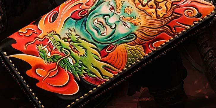 Handmade Leather Men Tooled Acalanatha Cool Leather Wallet Long Phone Clutch Wallets for Men