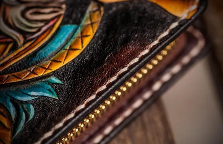 Handmade Leather Men Tooled Monkey King Cool Leather Wallet Long Phone Clutch Wallets for Men