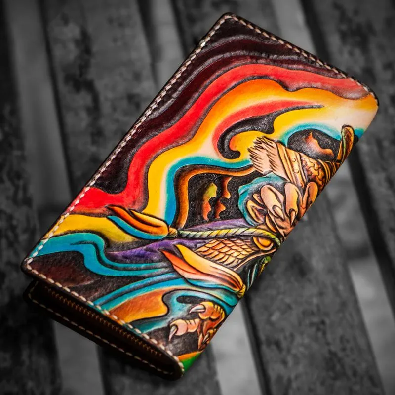 Handmade Leather Men Tooled Monkey King Cool Leather Wallet Long Phone Clutch Wallets for Men