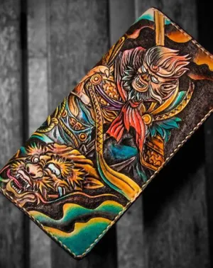Handmade Leather Men Tooled Monkey King Cool Leather Wallet Long Phone Clutch Wallets for Men