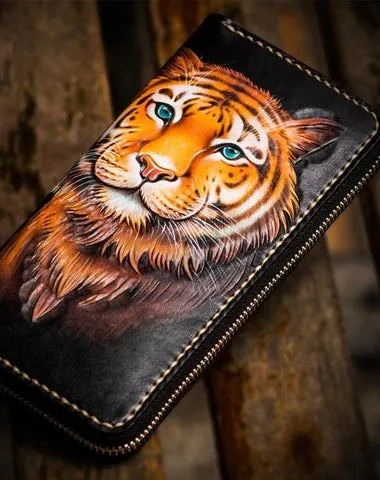 Handmade Leather Men Tooled Tiger Cool Leather Clutch Wallets Long Wallets for Men