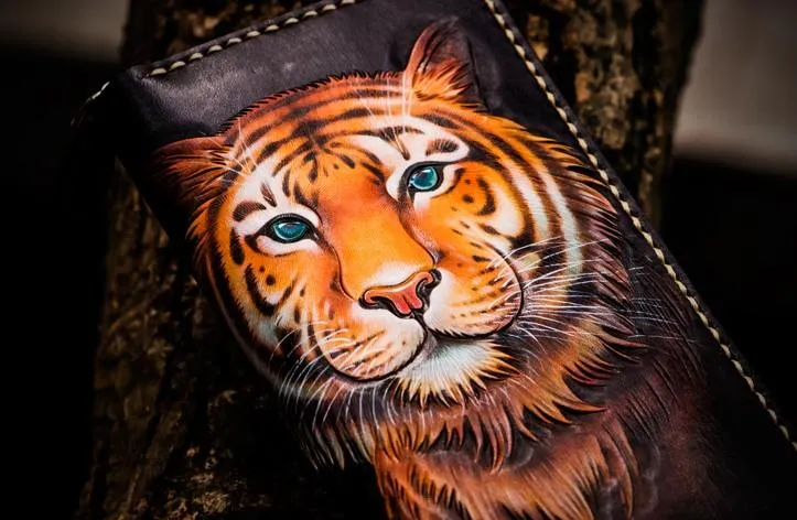 Handmade Leather Men Tooled Tiger Cool Leather Clutch Wallets Long Wallets for Men