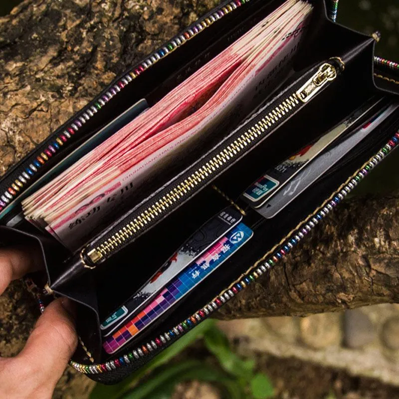 Handmade Leather Men Tooled Tiger Cool Leather Clutch Wallets Long Wallets for Men