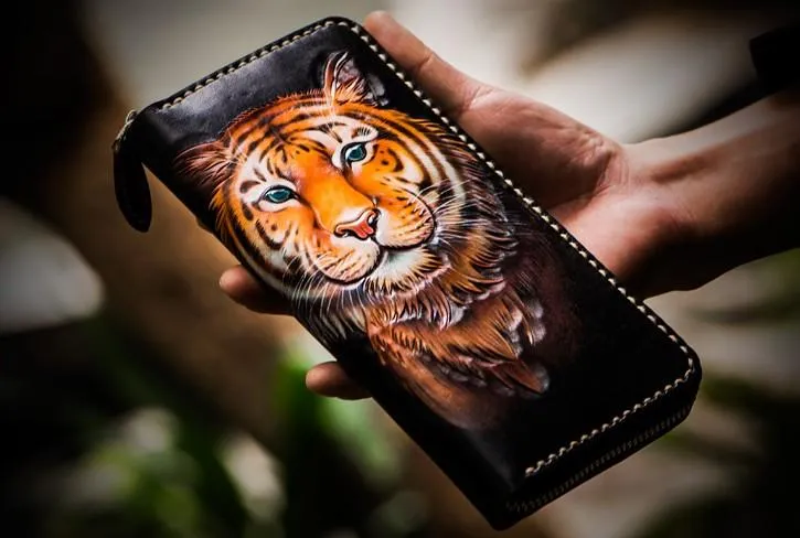 Handmade Leather Men Tooled Tiger Cool Leather Clutch Wallets Long Wallets for Men