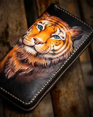 Handmade Leather Men Tooled Tiger Cool Leather Clutch Wallets Long Wallets for Men