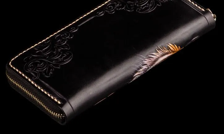 Handmade Leather Men Tooled Tiger Cool Leather Clutch Wallets Long Wallets for Men