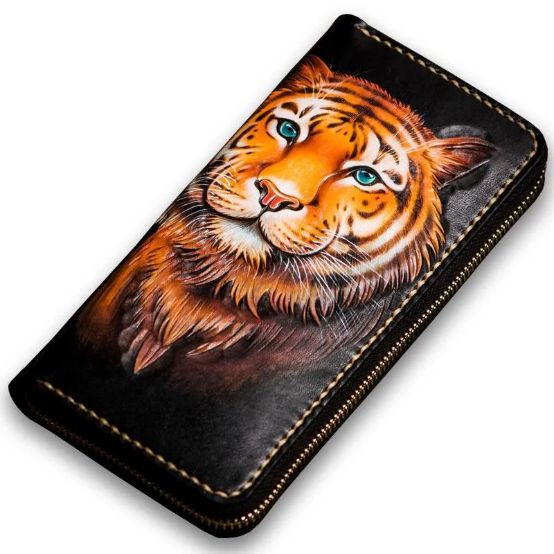 Handmade Leather Men Tooled Tiger Cool Leather Clutch Wallets Long Wallets for Men