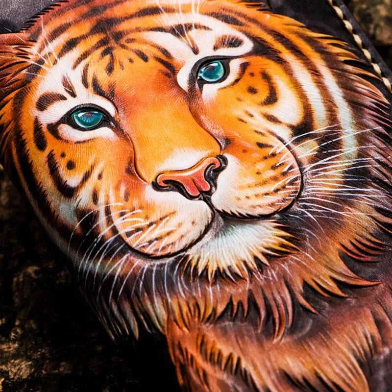 Handmade Leather Men Tooled Tiger Cool Leather Clutch Wallets Long Wallets for Men