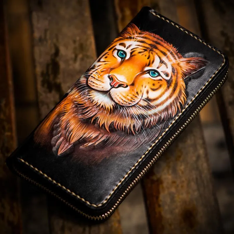 Handmade Leather Men Tooled Tiger Cool Leather Clutch Wallets Long Wallets for Men
