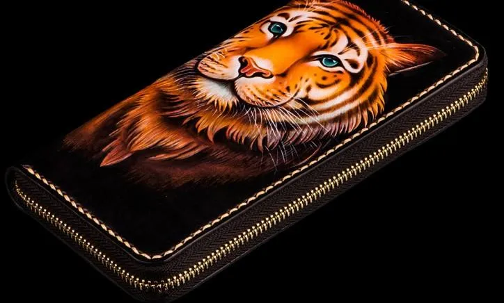 Handmade Leather Men Tooled Tiger Cool Leather Clutch Wallets Long Wallets for Men